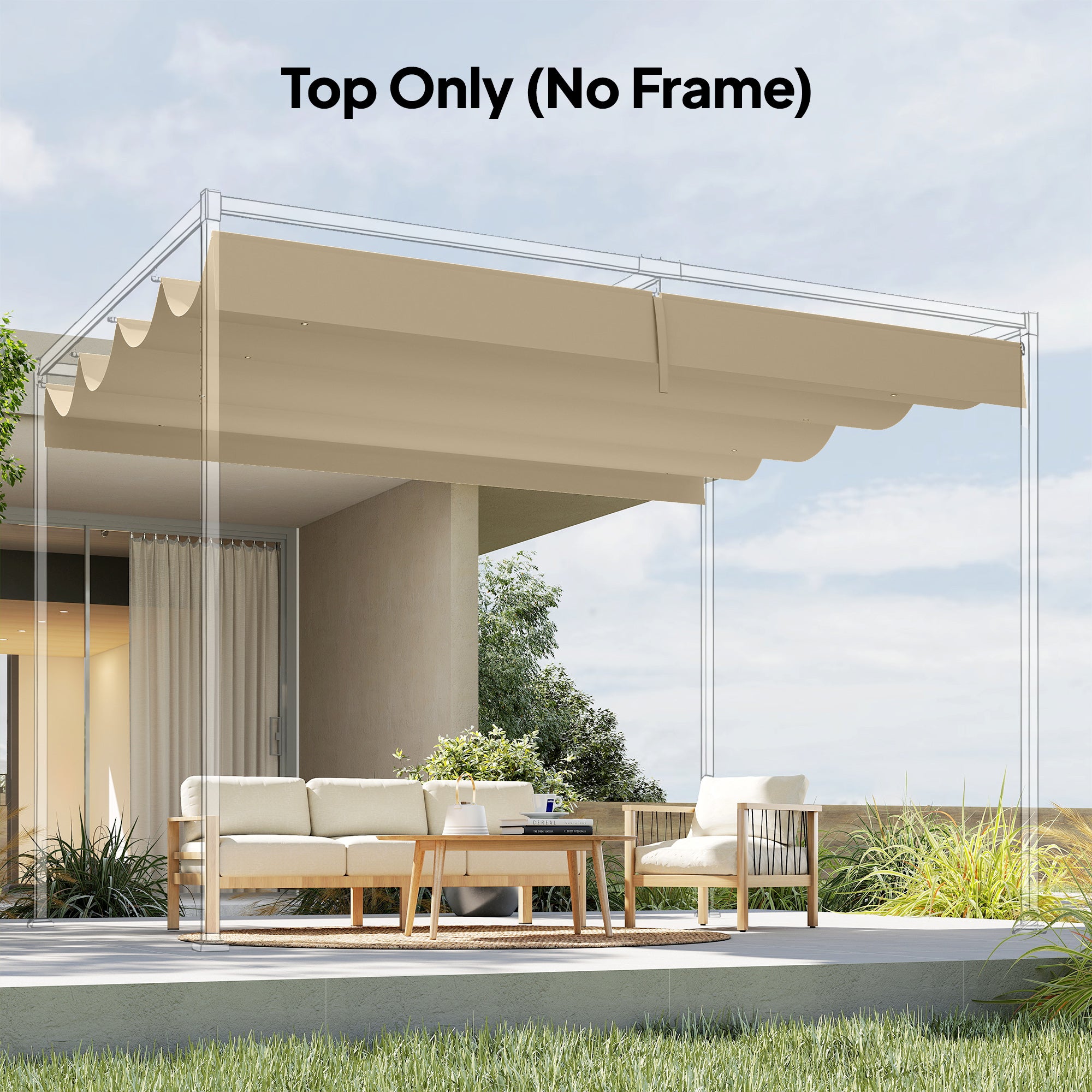 Outsunny Retractable Pergola Canopy Only, 3.92 x 3.5 m, UV30+ Replacement Canopy Cover for 4 x 3 m Pergola, Khaki