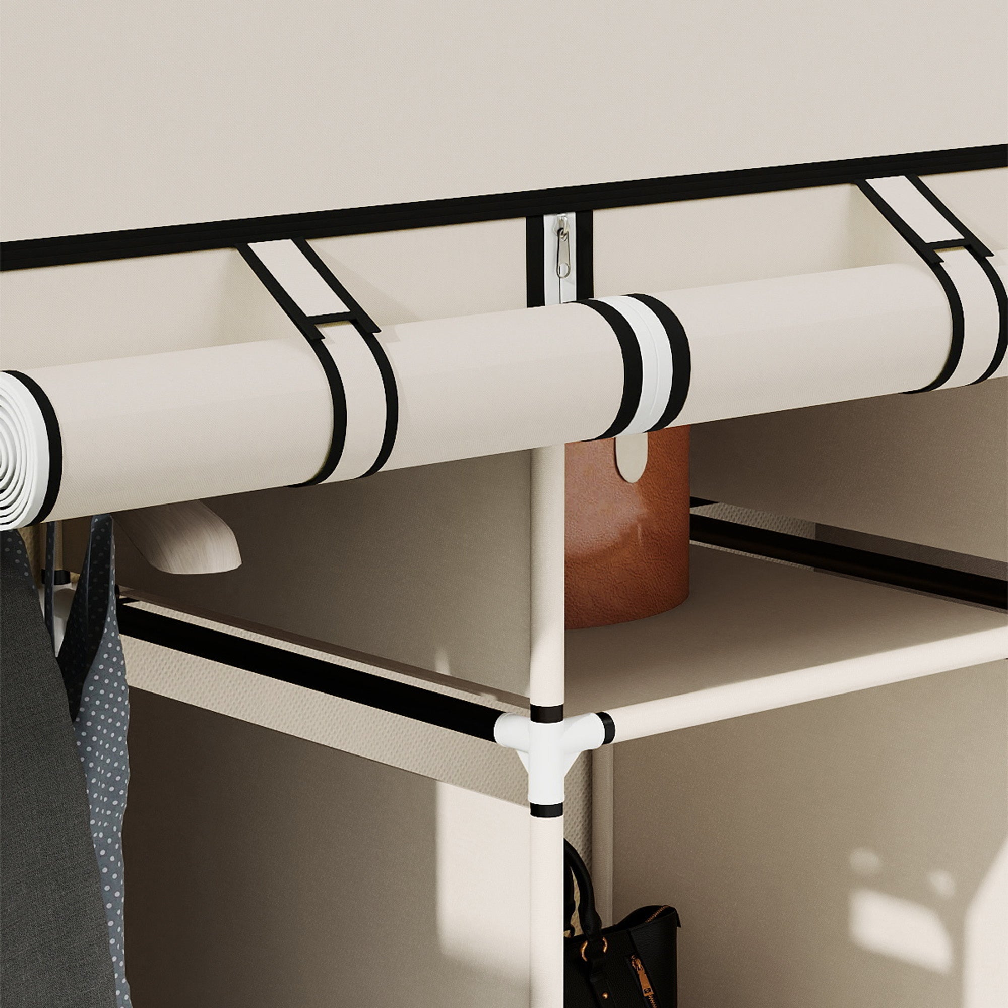 Fabric Wardrobe, with Rails and Shelves - Cream White