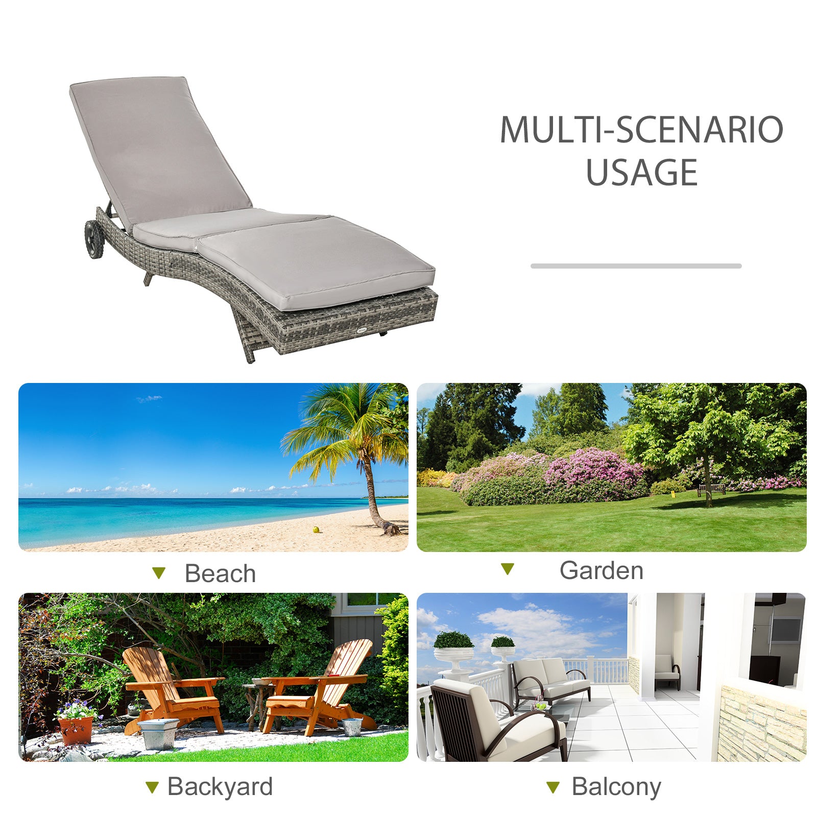 Outsunny Patio Wicker Chaise Lounge Chair, Outdoor PE Rattan Sun Lounger with Adjustable Backrest and 2 Wheels, Grey