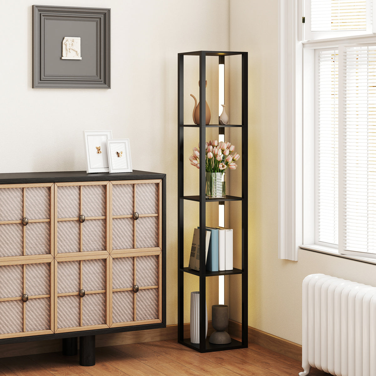 LED Floor Lamp with Shelves, Modern Dimmable Standing Lamp with 3 Brightness Levels and Foot Switch for Living Room, Bedroom, Office, Black