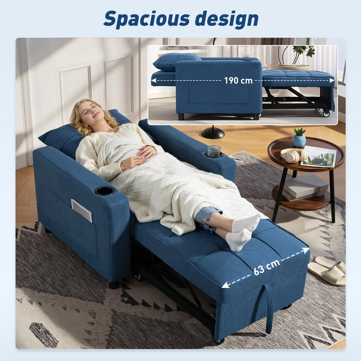 3-in-1 Single Sofa Bed, Convertible Sleeper Chair Bed with 3-level Adjustable Back - Dark Blue
