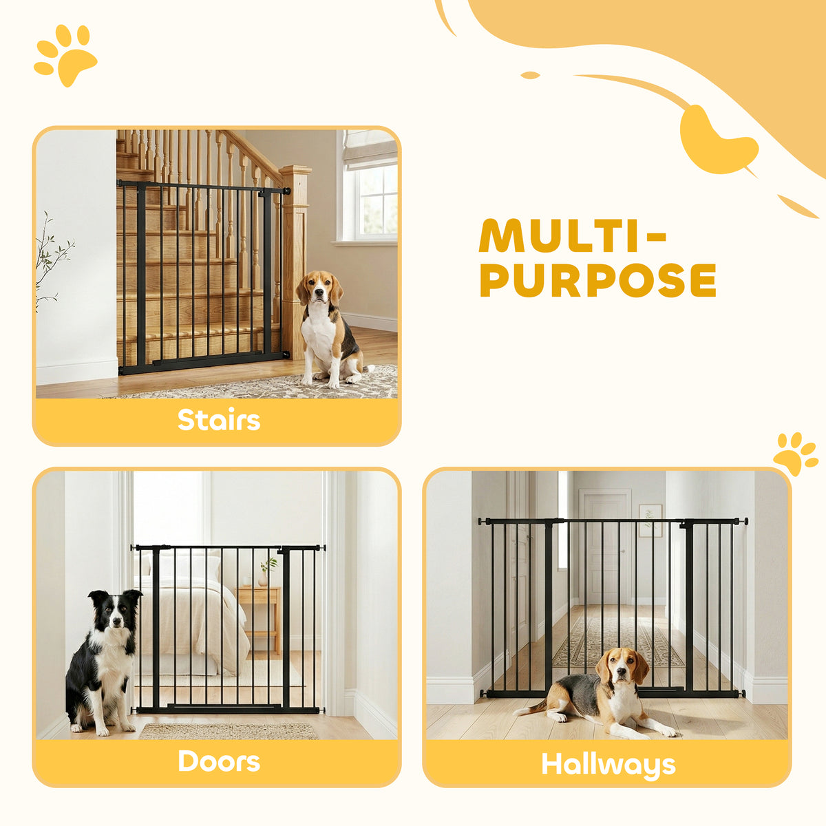PawHut Dog Gate Pet Safety Gate Stair Barrier Pressure Mount Adjustable 76-82/86-97/101-107 cm, Black