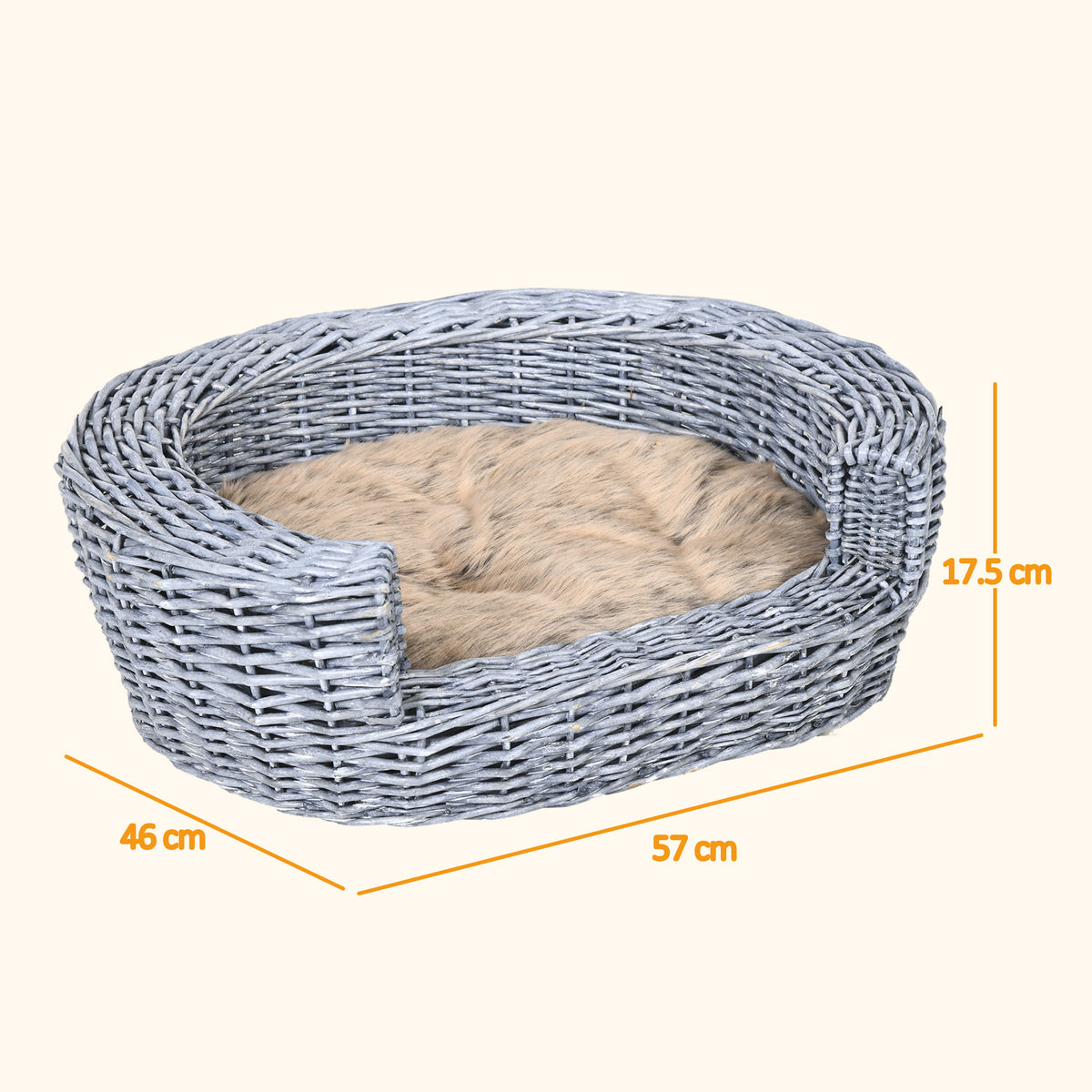 PawHut Wicker Pet Bed Willow Dog Cat Sofa Puppy Basket with Cushion Grey 57L x 46W x 17.5H cm