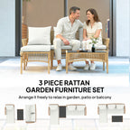 Outsunny 3 Piece Rattan Garden Furniture Corner Sofa Set with Chaise Lounge, Loveseat, Glass Coffee Table, Cushions, Natural Wood