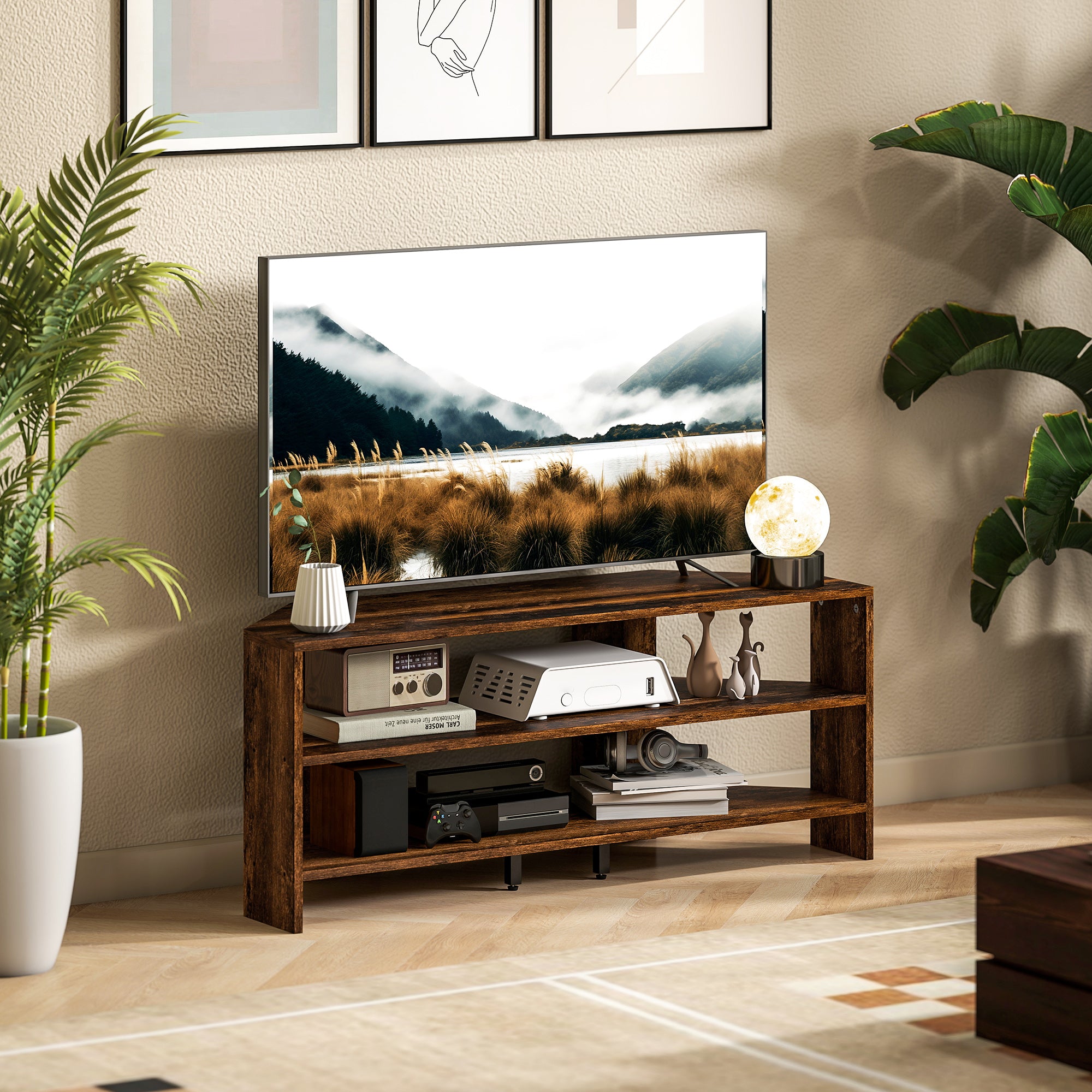 Corner TV Stand with 2 Open Shelves for 47 Inch TV - Rustic Brown