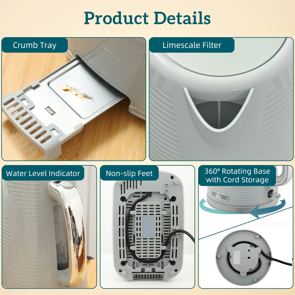 Modern Kettle and Toaster Set - Grey