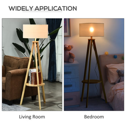 Tripod Floor Lamp, Freestanding Bedside Light Reading Light with Storage Shelf and Linen Shade for Living Room Bedroom, 154cm, Cream
