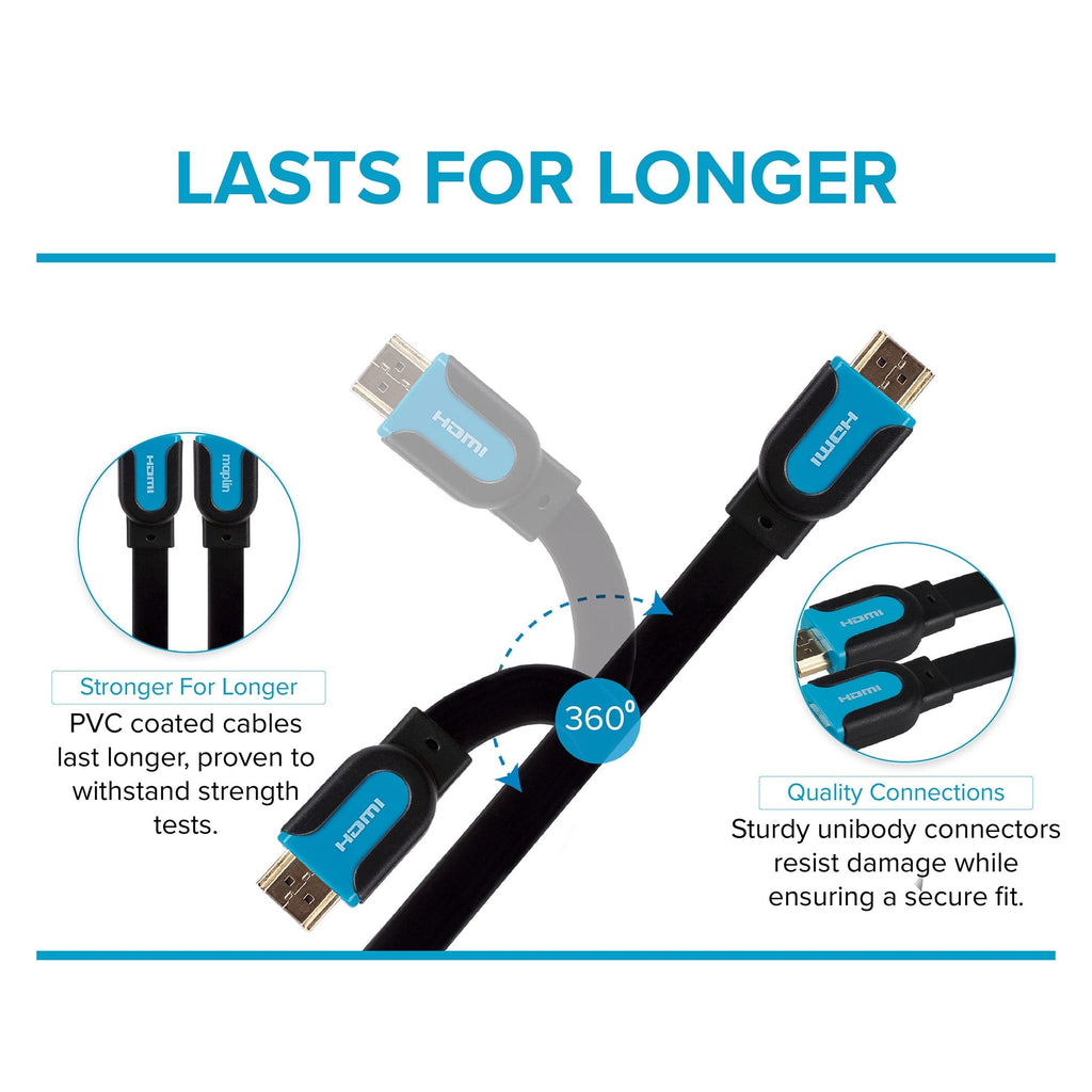Maplin Flat HDMI to HDMI 4K Ultra HD Cable with Gold Connectors - Black, 3m