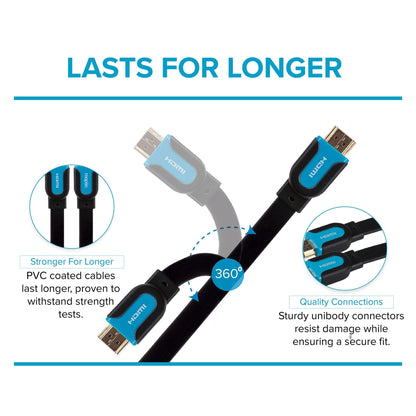Maplin Flat HDMI to HDMI 4K Ultra HD Cable with Gold Connectors - Black, 3m