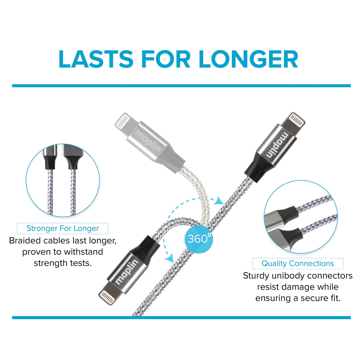 Maplin Premium Apple MFI Certified Tangle-Free Lightning to USB-A 2.0 Cable - Silver, 3m