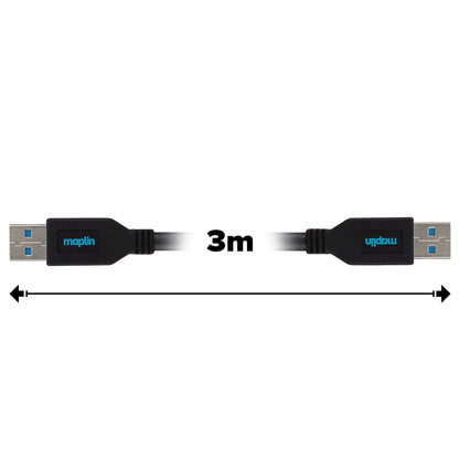 Maplin USB-A 3.0 to USB-A 3.0 Super Speed 5Gbps Cable - Black, 3m