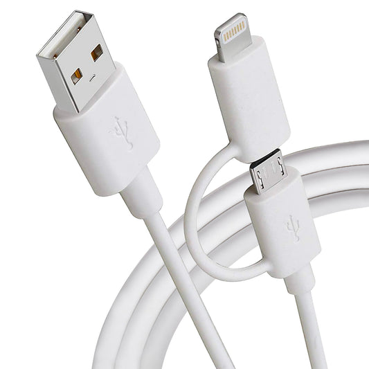 Maplin USB-A to 2-in-1 Multi-Charging Lightning & Micro USB Cable - White, 1m