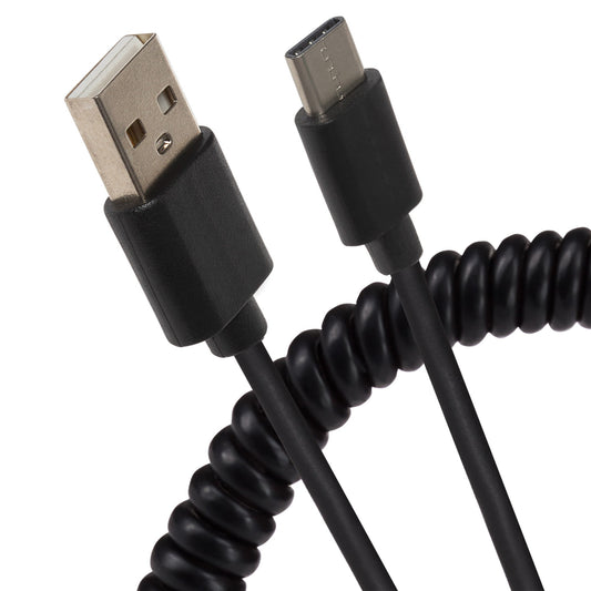 Maplin USB-A to Micro USB-B Coiled Curly Cable - Black, Extends to 1m