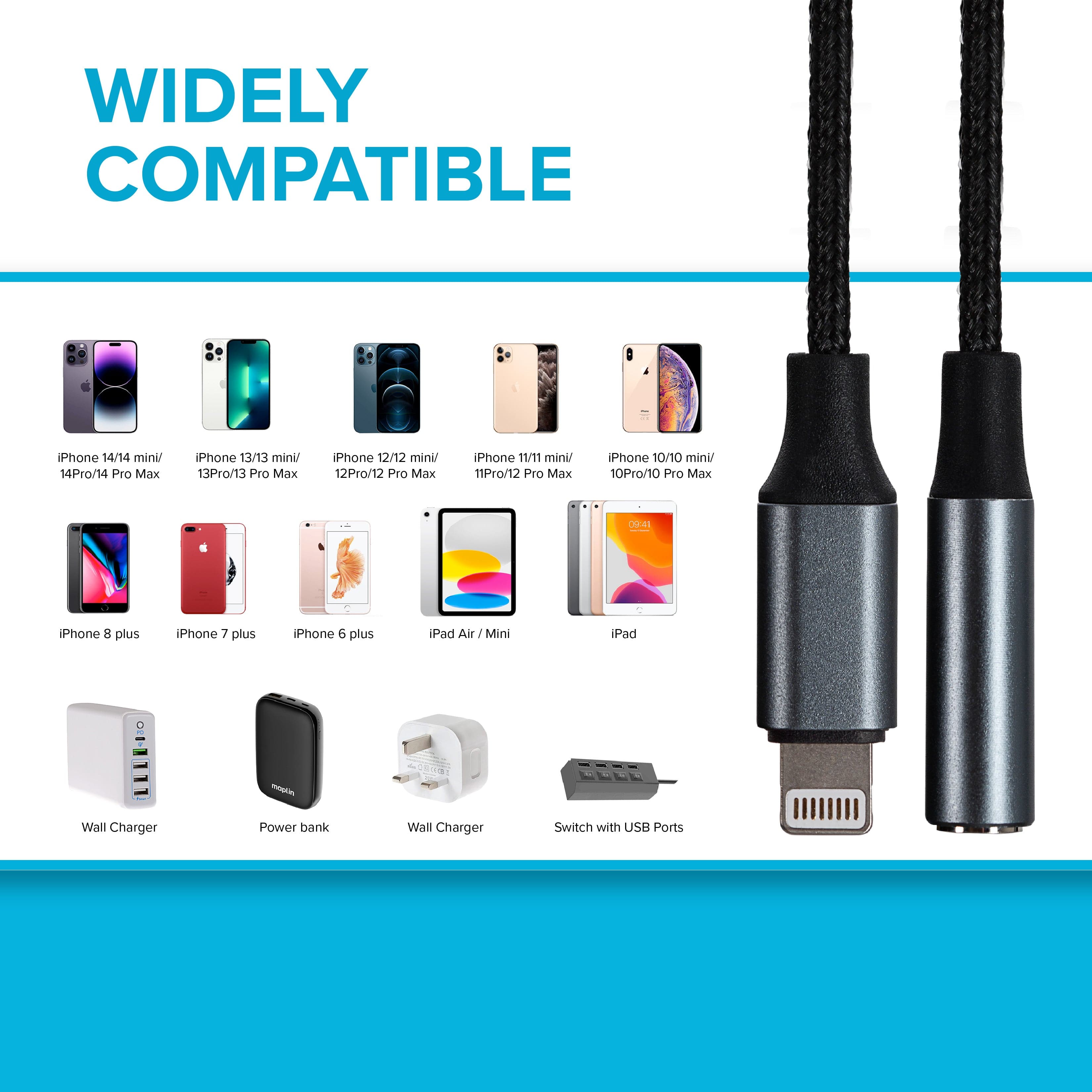 Maplin Lightning to 3.5mm Female Headphone Jack Audio Adapter - Black, 5cm