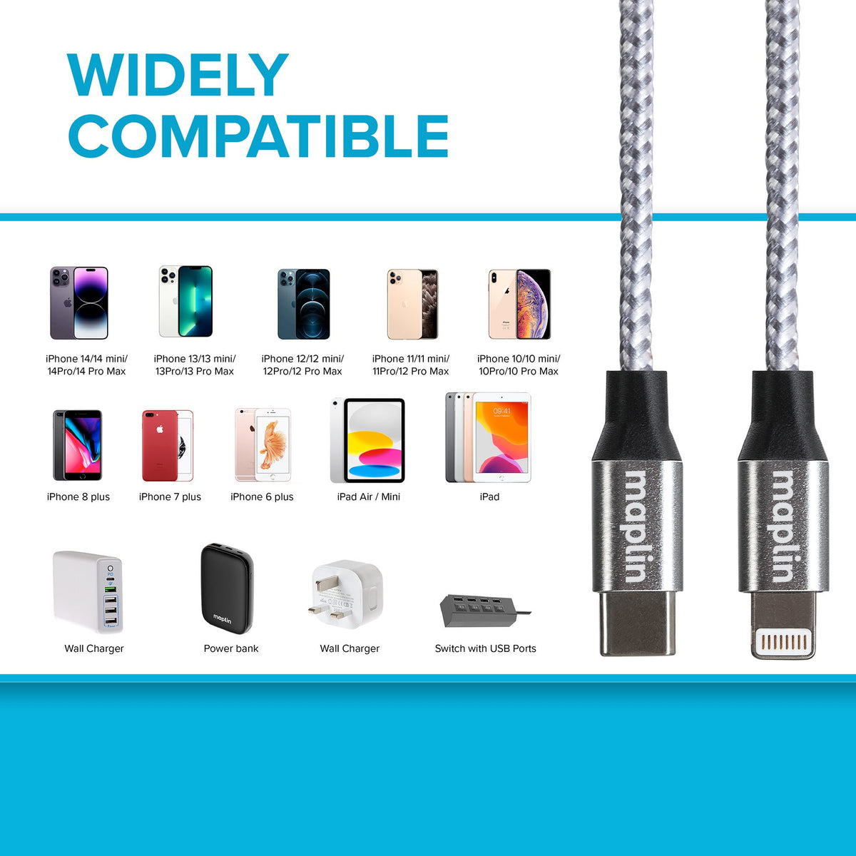 Maplin Lightning to USB-C 20W High Speed Braided Cable - Silver, 3m