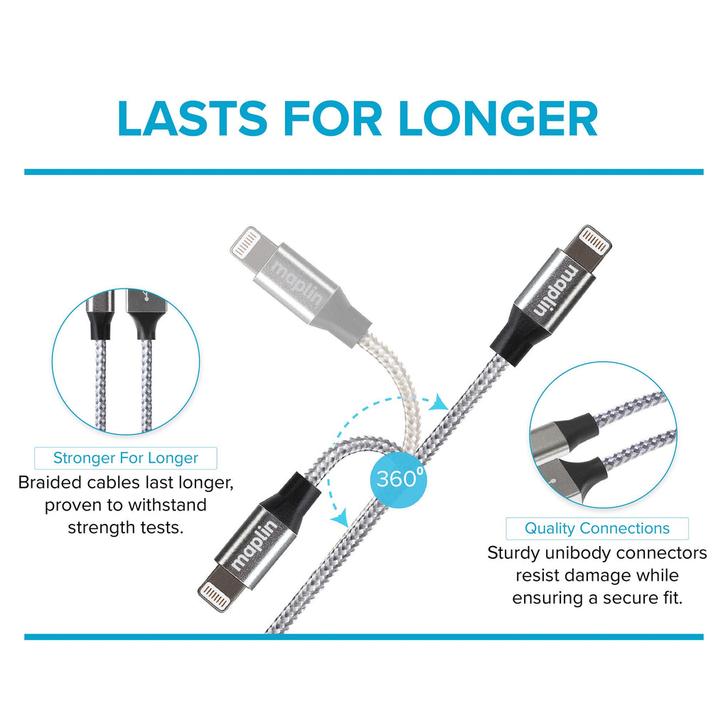 Maplin Lightning to USB-C 20W High Speed Braided Cable - Silver, 3m