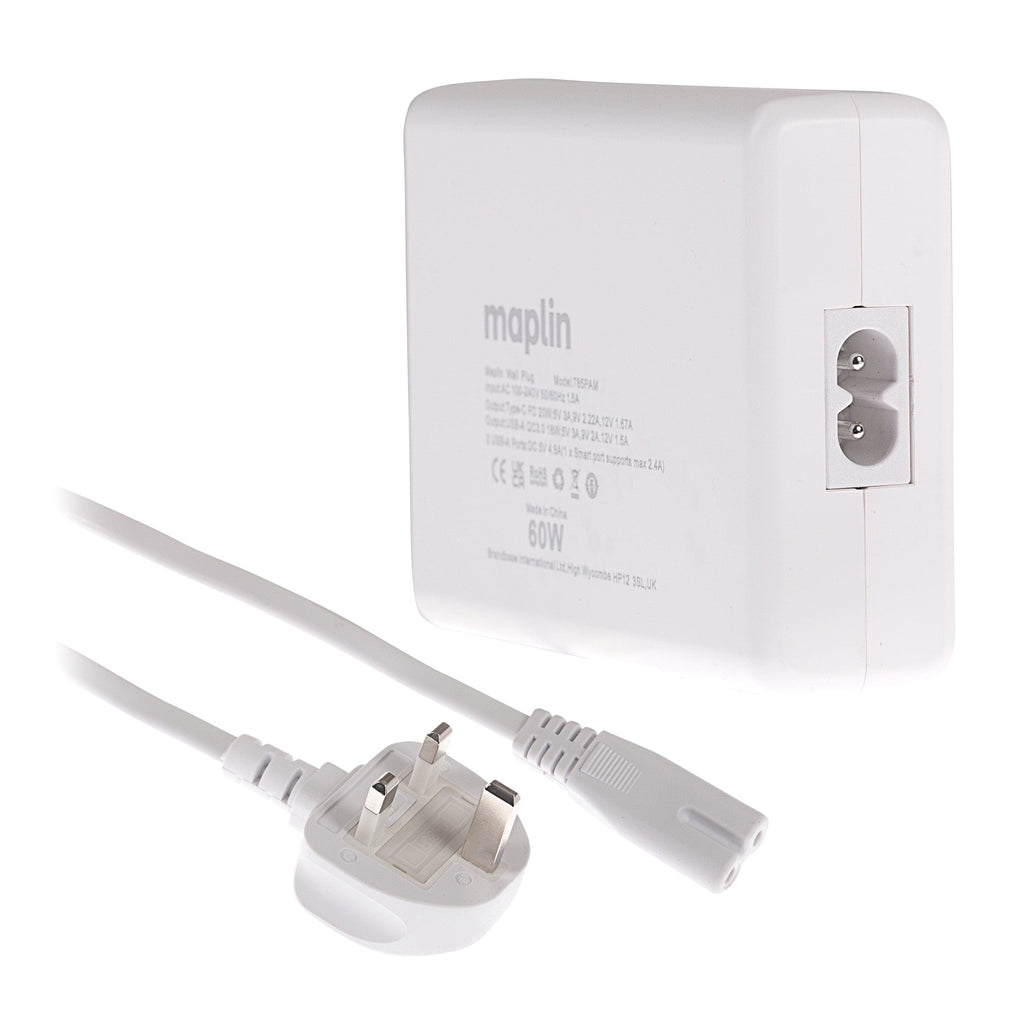 Maplin 5 Port (1x USB-C PD / 4x USB-A 3.0 QC) 20W High Speed USB Charger with 1.6m Cable