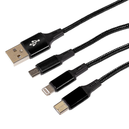 Maplin USB-A to 3-in-1 Multi-Charging USB-C / Lightning / Micro USB Braided Cable - 1.2m