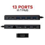 Nikkai USB-C Multiport Hub to 2x USB-C / 4x USB-A / 2x HDMI / Gigabit RJ45 / VGA / SD / Aux - Silver