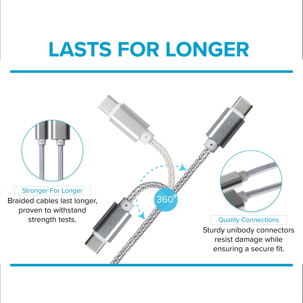Maplin USB-C to USB-A Braided Cable - Silver, 0.25m