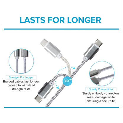 Maplin USB-C to USB-A Braided Cable - Silver, 0.25m