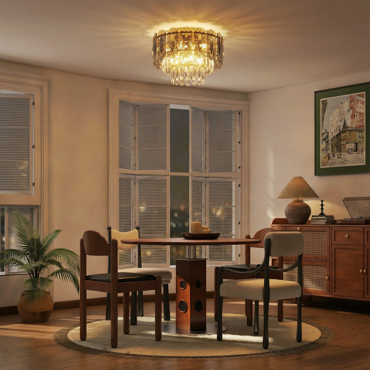 Chandelier Ceiling Light, 3-Light Flush Mount Fixture with Dual Crystal and Smoke Glass Shade, 40 cm LED Ceiling Light for Living Room Bedroom, 3 E14 Sockets, Bulbs Not Included, Gold Tone