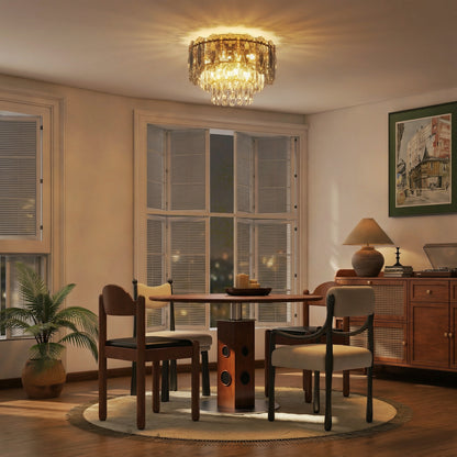 Chandelier Ceiling Light, 3-Light Flush Mount Fixture with Dual Crystal and Smoke Glass Shade, 40 cm LED Ceiling Light for Living Room Bedroom, 3 E14 Sockets, Bulbs Not Included, Gold Tone