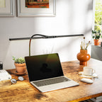 LED Desk Lamp with Clamp, Double Head Table Lamp with 3 Colour Modes & 10 Brightness Levels, Flexible Gooseneck Reading Desk Light with Timer and Memory Function for Study, Office, Work, Black