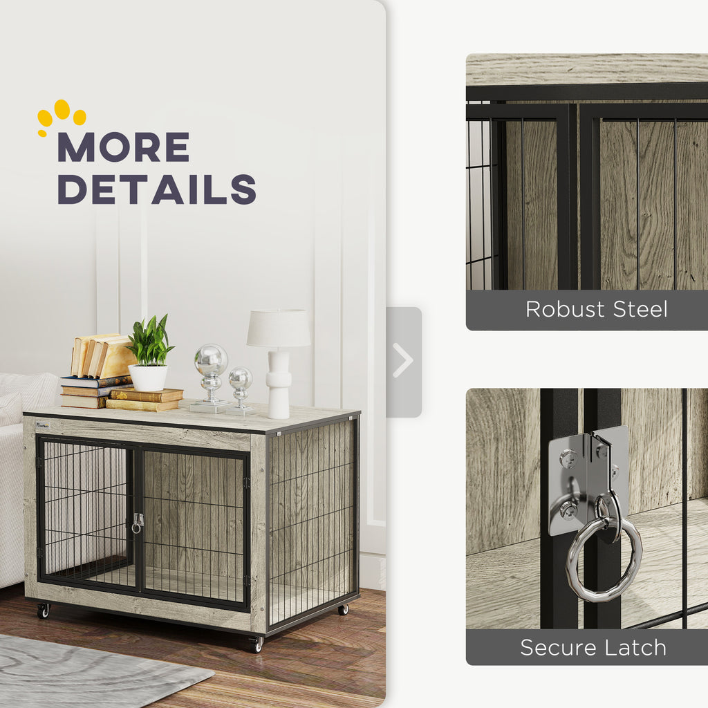PawHut Dog Crate Furniture with Wheels, Double Doors, for Medium Dogs, Grey