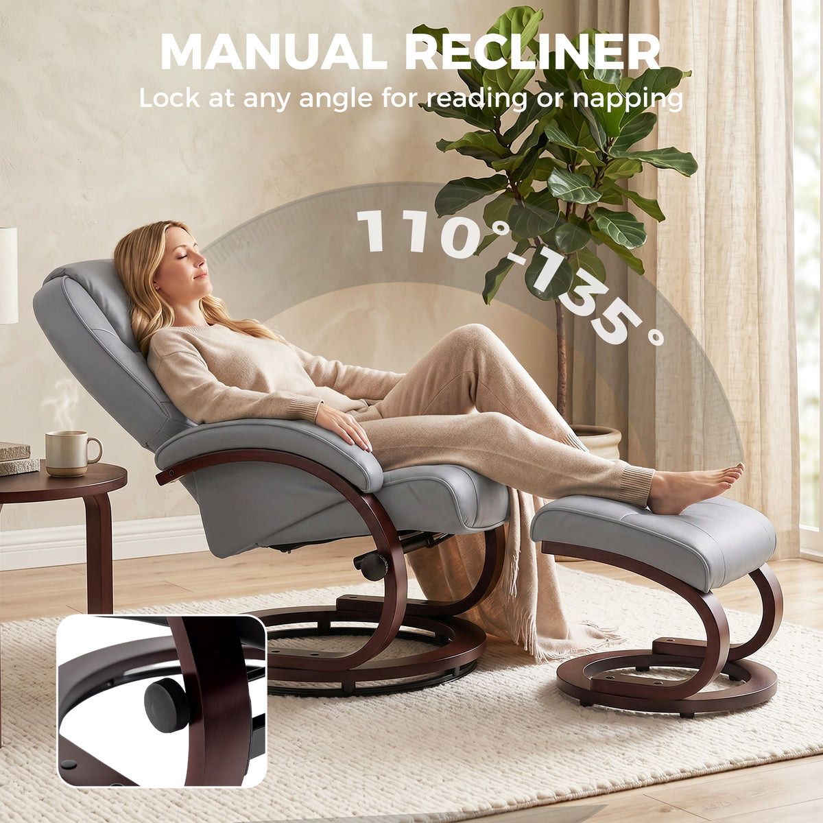 Swivel Recliner Chair with Footstool, PU Leather Recliner Armchair with Adjustable Back and Wood Frame, Grey