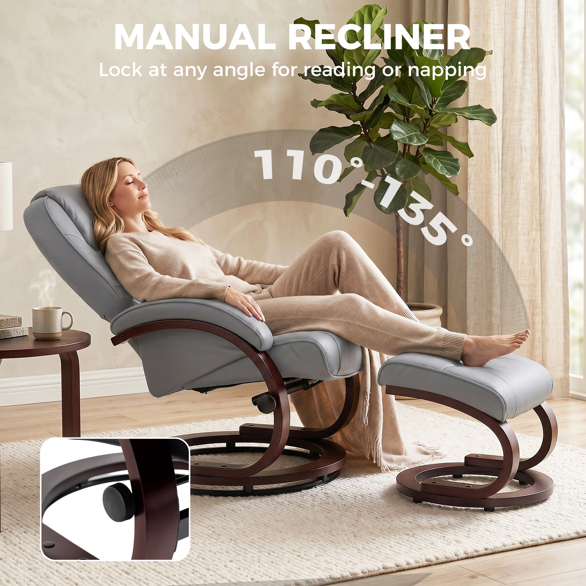 HOMCOM Swivel Recliner Chair with Footstool, PU Leather Recliner Armchair with Adjustable Back and Wood Frame, Grey