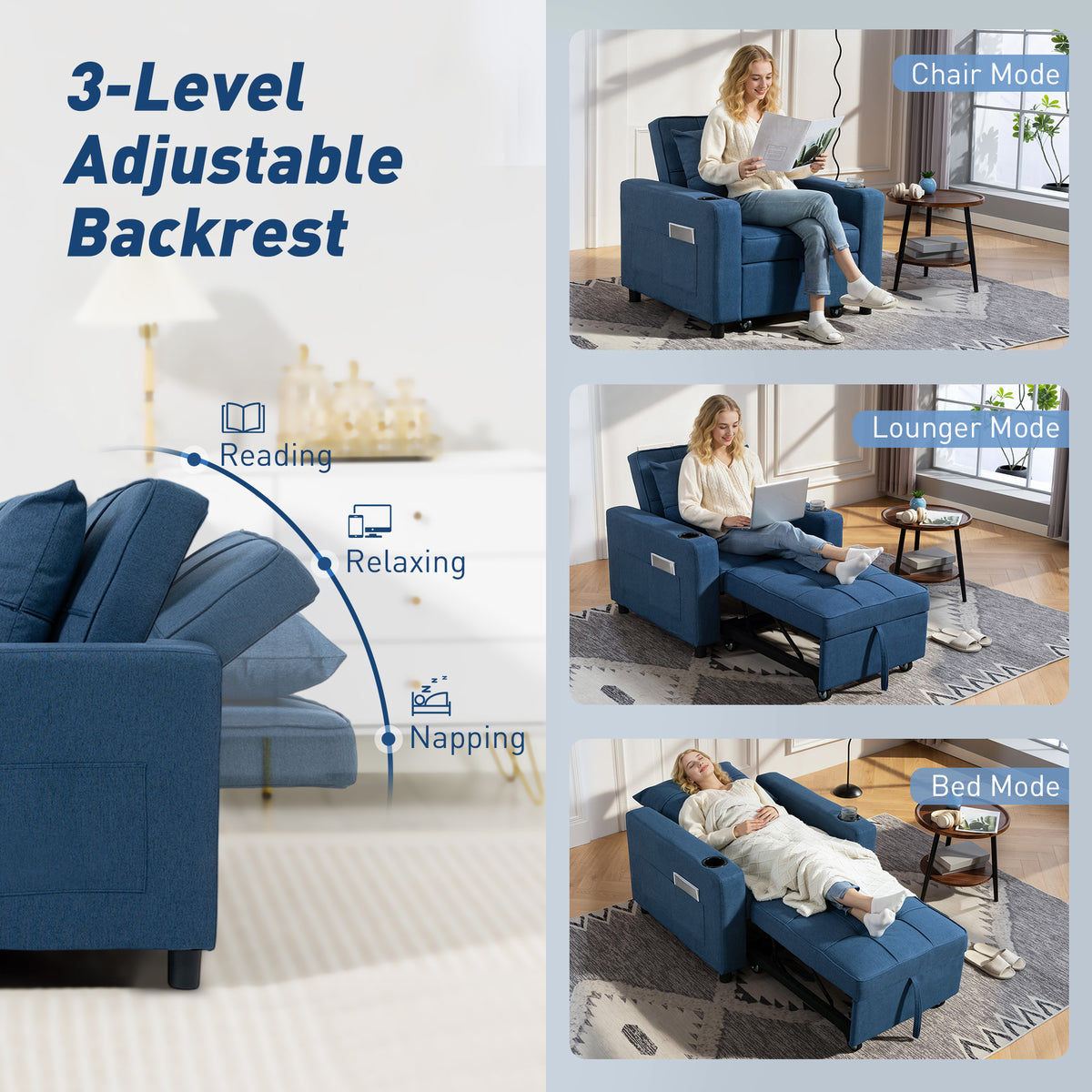 3-in-1 Single Sofa Bed, Convertible Sleeper Chair Bed with 3-level Adjustable Back - Dark Blue