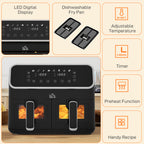 8L Dual Basket Air Fryer, 80-200? Air Fryer Oven with 2 Baskets and Sync Function - Black/Silver