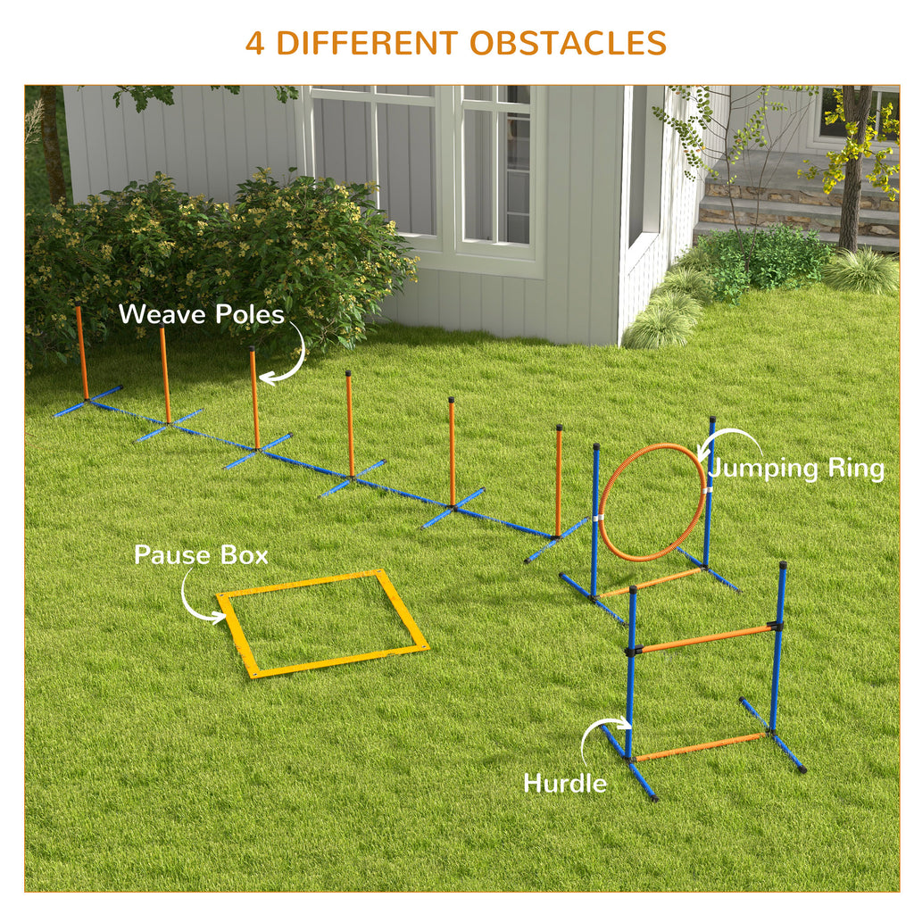 PawHut Dog Agility Training Equipment with Weave Poles, Jump Ring, Pause Box, Adjustable Hurdle, Carry Bag, Orange