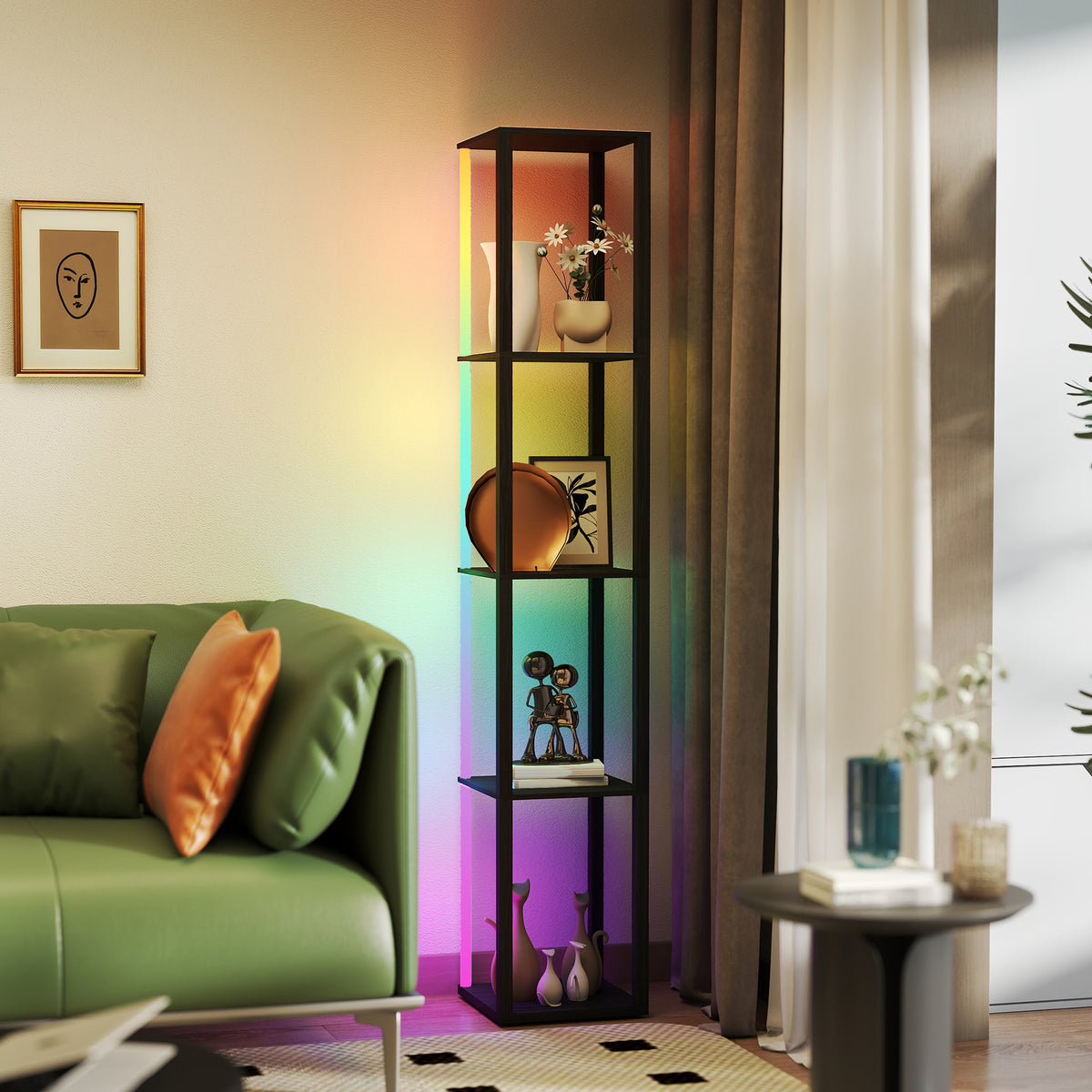 RGB LED Floor Lamp with Shelves, Modern Dimmable Standing Lamp with Remote Control, Adjustable Brightness & Speed for Living Room, Bedroom, Office, Black