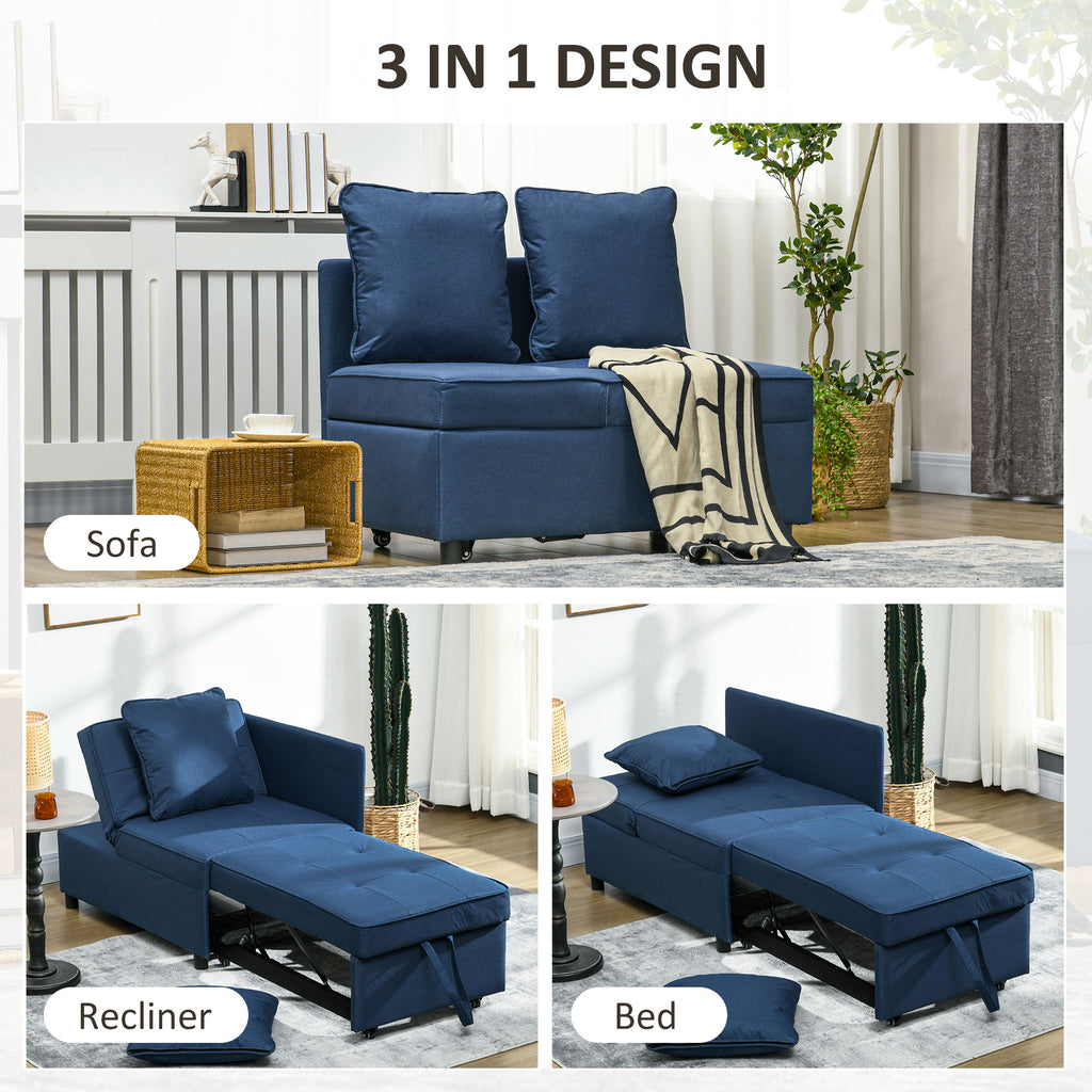 HOMCOM 3-In-1 Single Sofa Bed with Thick Padded Seat & 5-position Adjustable Back for Living Room, Bedroom, Blue