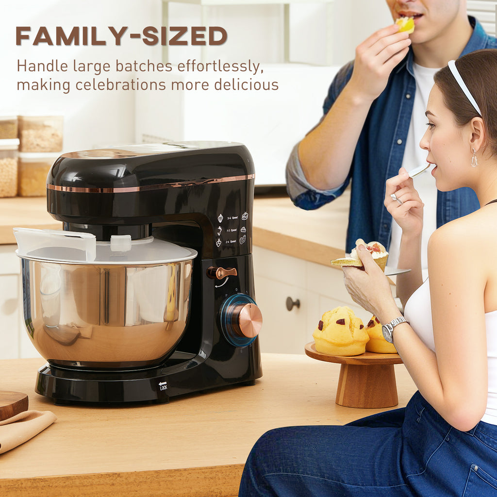 Stand Mixer, 5L Food Mixer for Baking, 6 Speeds and Pulse Setting, 1400W Cake Electric Kitchen Mixer with Dough Hook, Whisk, Stainless Steel Bowl, Splash Guard, Beater, Black