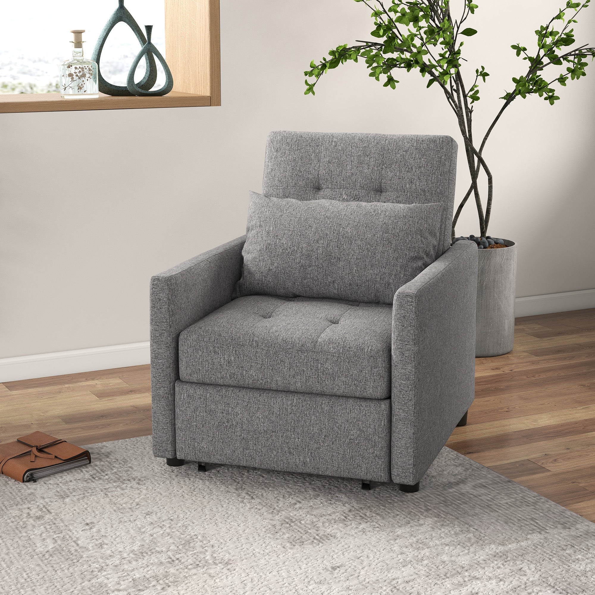 HOMCOM 3-In-1 Single Chair Bed with Adjustable Backrest, Pillow and Footrest for Living Room, Grey
