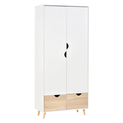 2-Door Clothes Wardrobe w/ Rail Shelf 2 Drawers Wood Feet Elegant Home Storage Organisation Furniture, White
