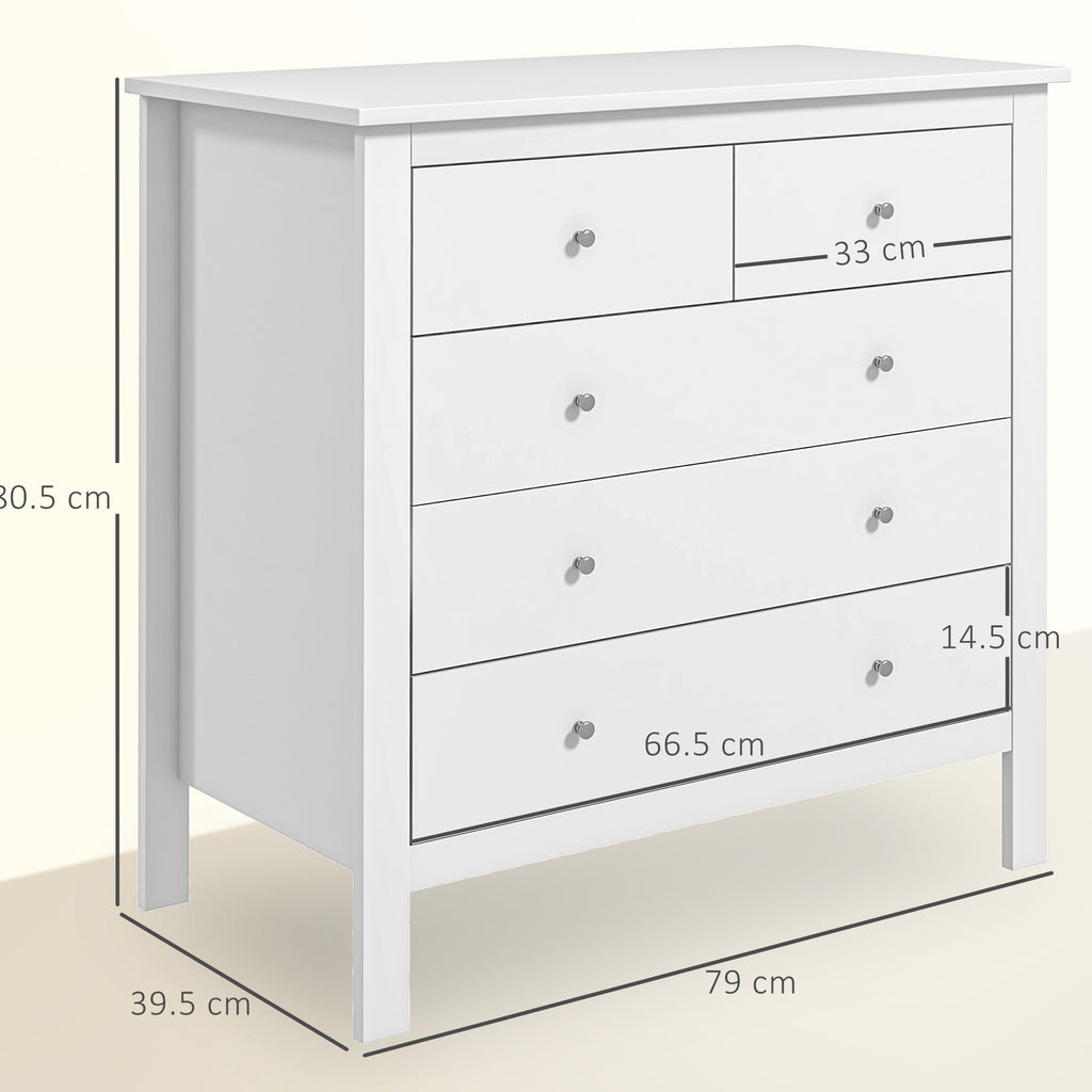 HOMCOM 5 Drawer Chest of Drawers, Modern Dresser for Bedroom, Wide Storage Unit for Living Room, Hallway, Closet, White