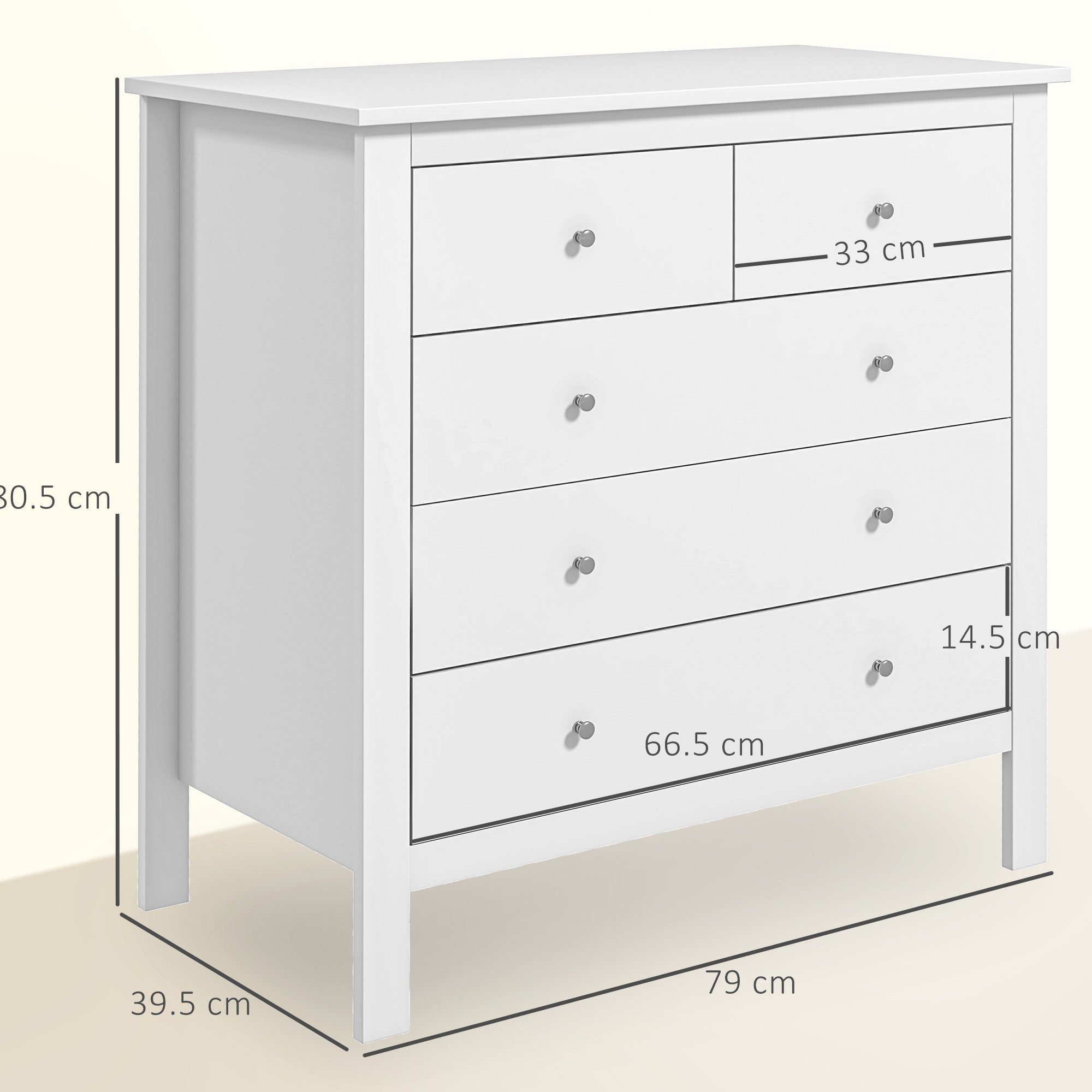 HOMCOM 5 Drawer Chest of Drawers, Modern Dresser for Bedroom, Wide Storage Unit for Living Room, Hallway, Closet, White