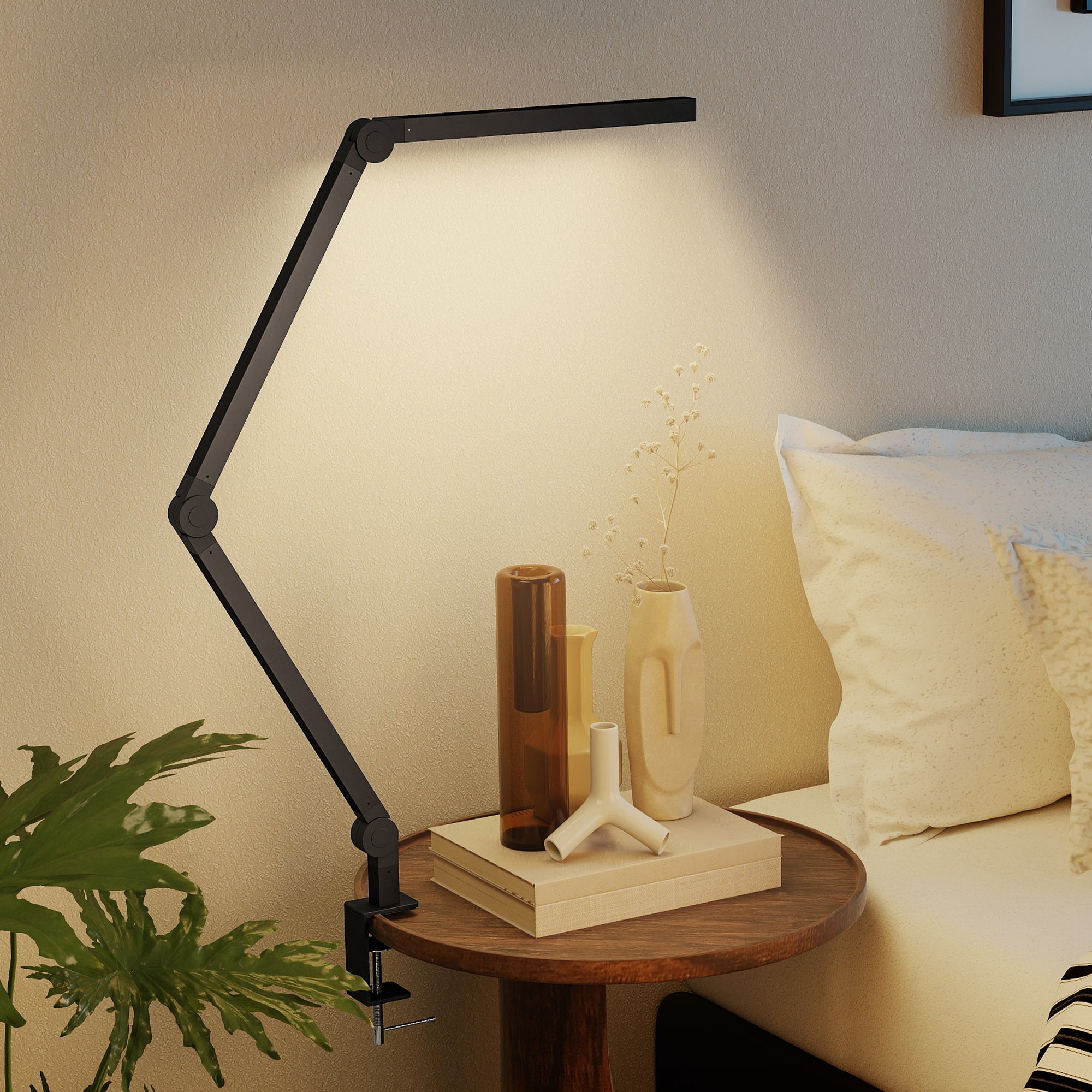 LED Desk Lamp, Dimmable Desk Light with Swing Arm and Clamp, Adjustable Eye-Caring Table Lamp with 2 Colour Modes & 5 Brightness Levels for Study, Drawing, Office, Architect, Task, Black