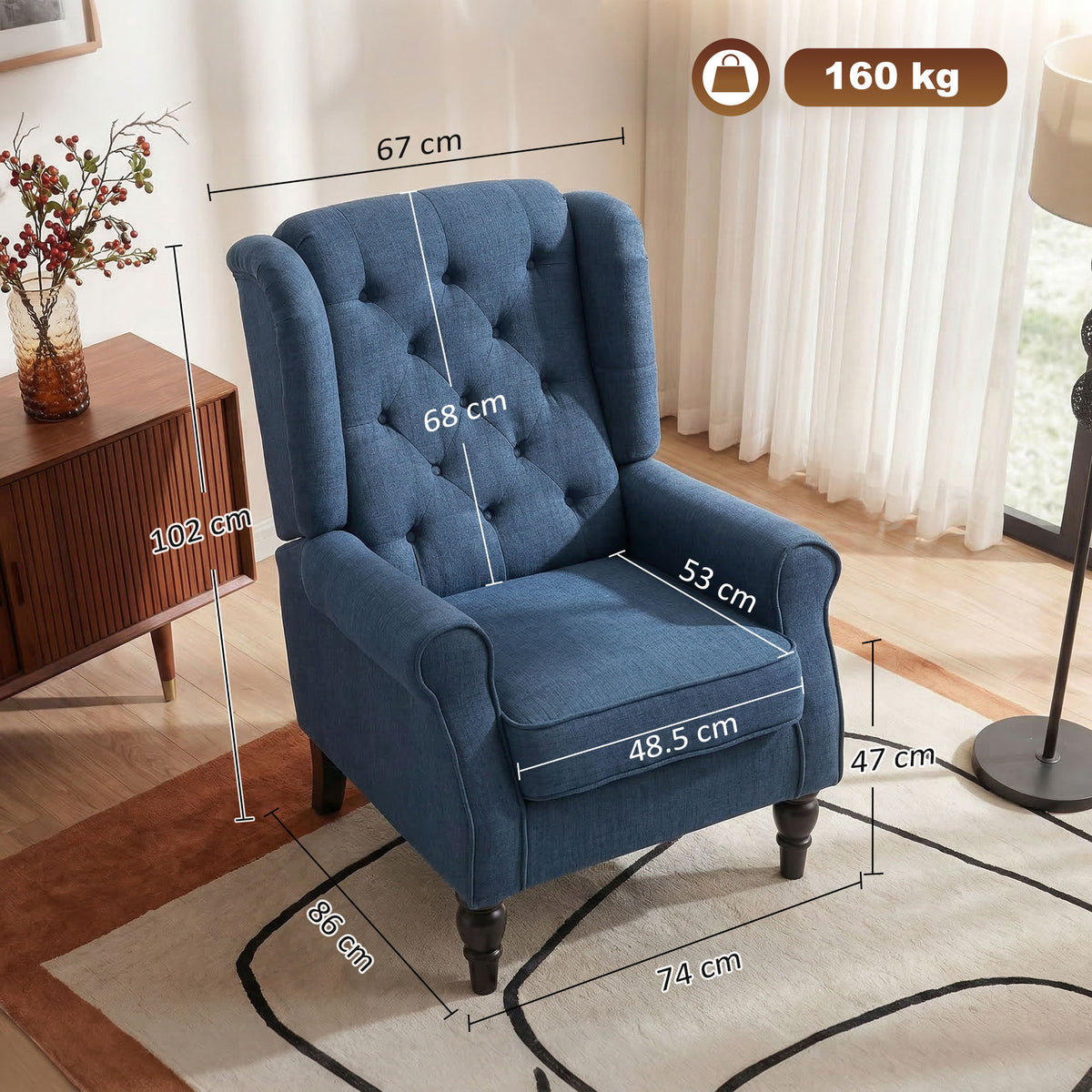 Wingback Accent Chair, Retro Upholstered Button Tufted Occasional Chair for Living Room and Bedroom, Blue