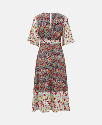 Contrast Floral Angel Sleeve Midi Dress