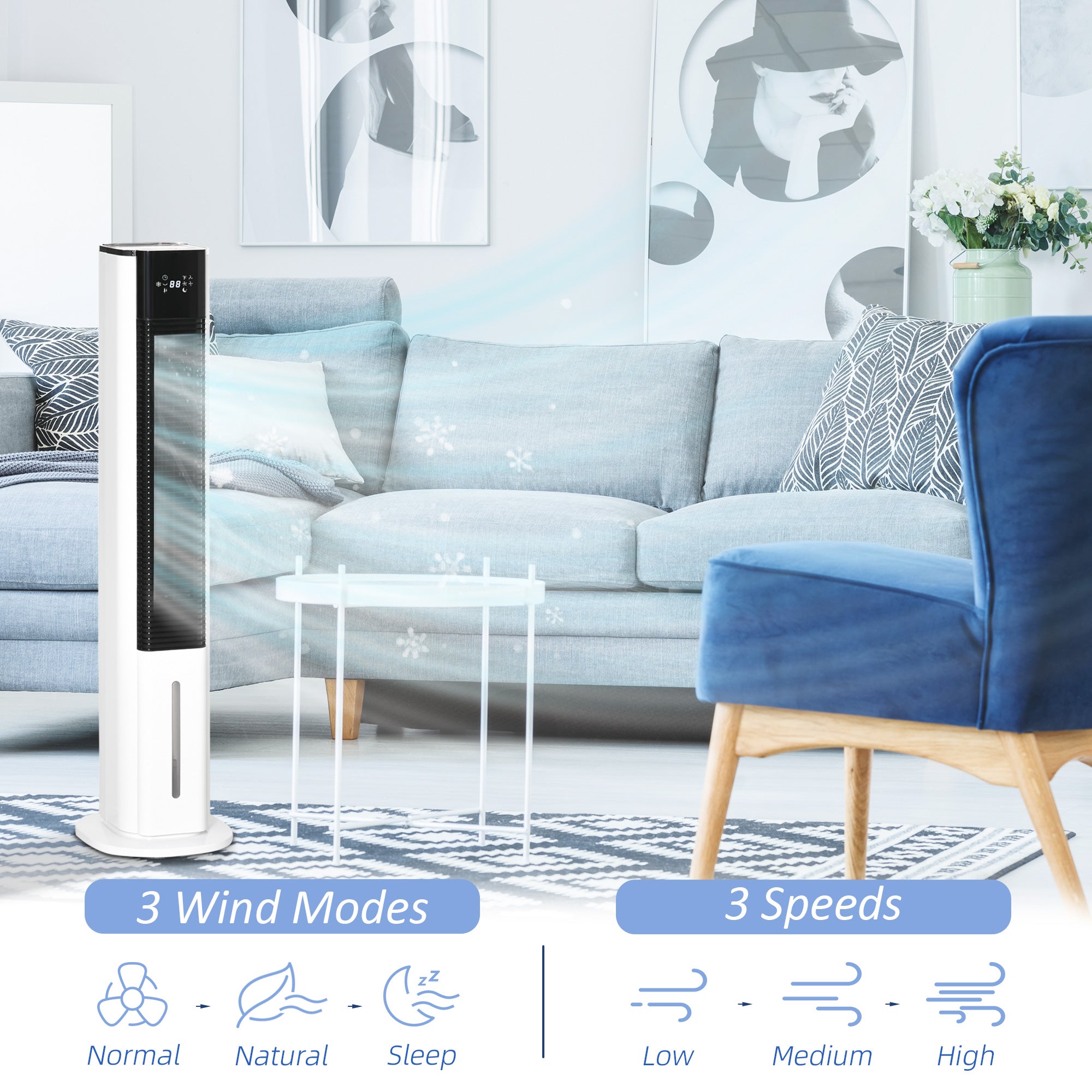 Portable Air Cooler, 6L Tank Humidifier Evaporative Ice Cooling Fan Water Conditioner Unit with 3 Modes, 3 Speed, Remote, Timer, Oscillating for Home Bedroom, White