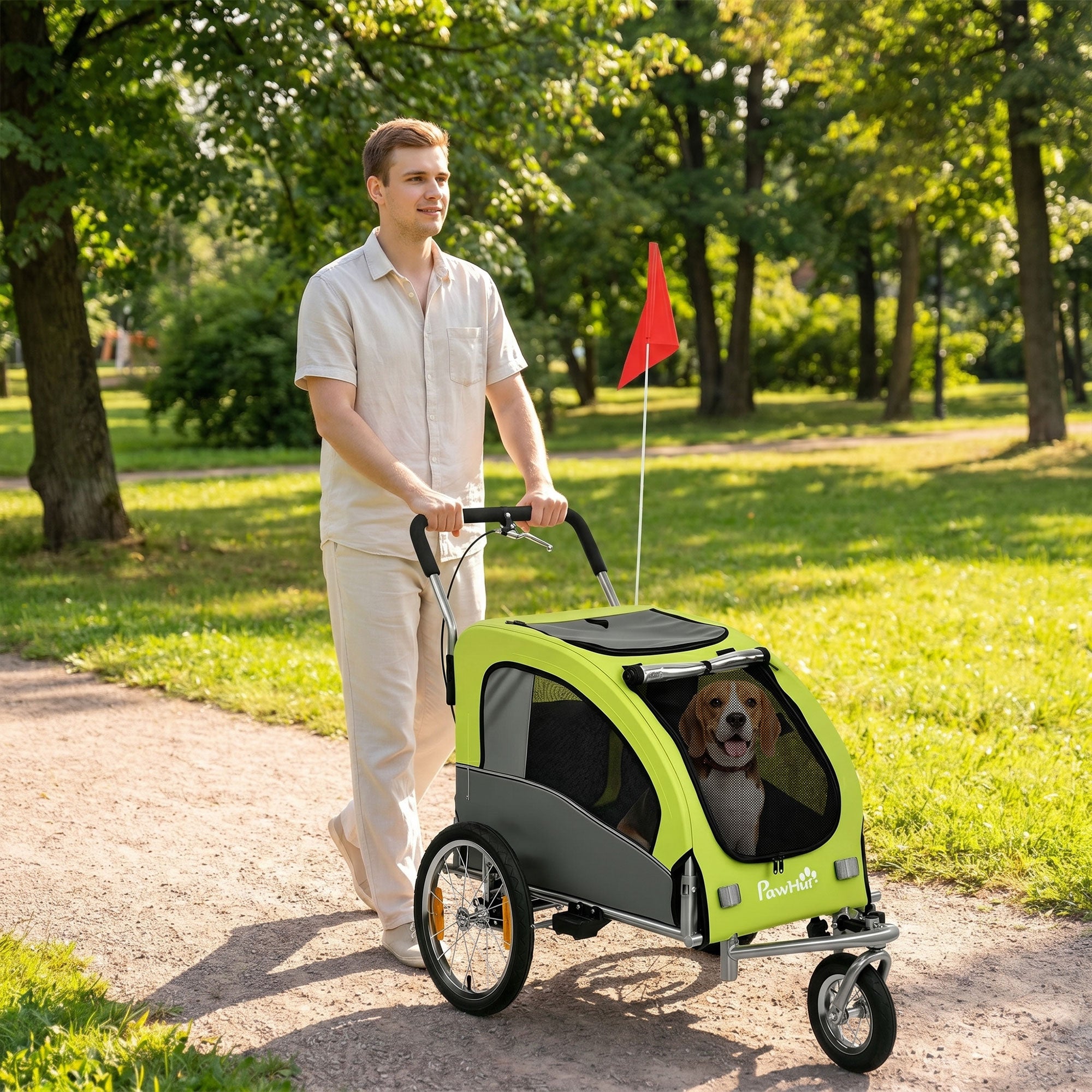PawHut 2 in 1 Dog Bike Trailer, Foldable Pet Stroller, Dog Bicycle Trailer with Suspension, for Medium Dogs up to 20kg, Green
