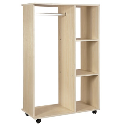 Open Wardrobe on Wheels, Bedroom Wardrobe with Clothes Hanging Rail, 3 Storage Shelves, Mobile Garment Rack for Cloakroom, Hallway, Maple Wood-Effect