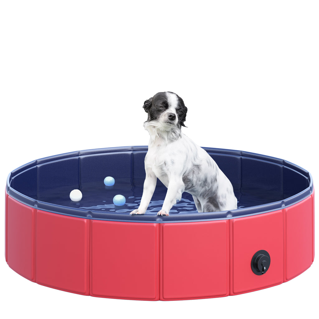 PawHut Foldable Dog Pool for Puppies and Ducks, Thickened PVC Dog Paddling Pool Bath Tub Hard Board, Anti-Slip Bottom and Drainage Hole, 80 x 20cm, Red and Blue