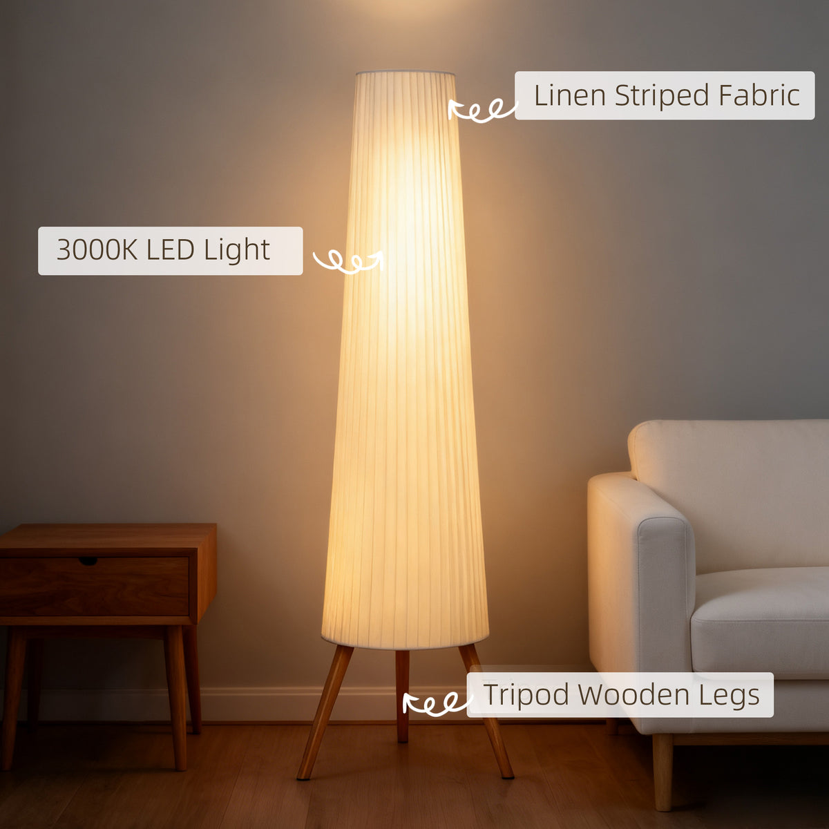 Dimmable Tripod Floor Lamp with Foot Switch, Nordic Standing Lamp with Fabric Shade, 153cm, White, White and Natural