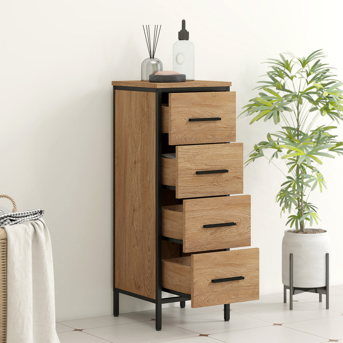 Narrow Bathroom Storage Cabinet with 4 Drawers - Oak